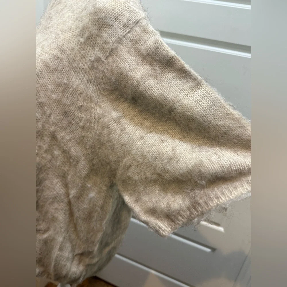 NWT. Koton. Fuzzy Short Sleeve Mock Neck Sweater. Heather Oatmeal. Size Medium.